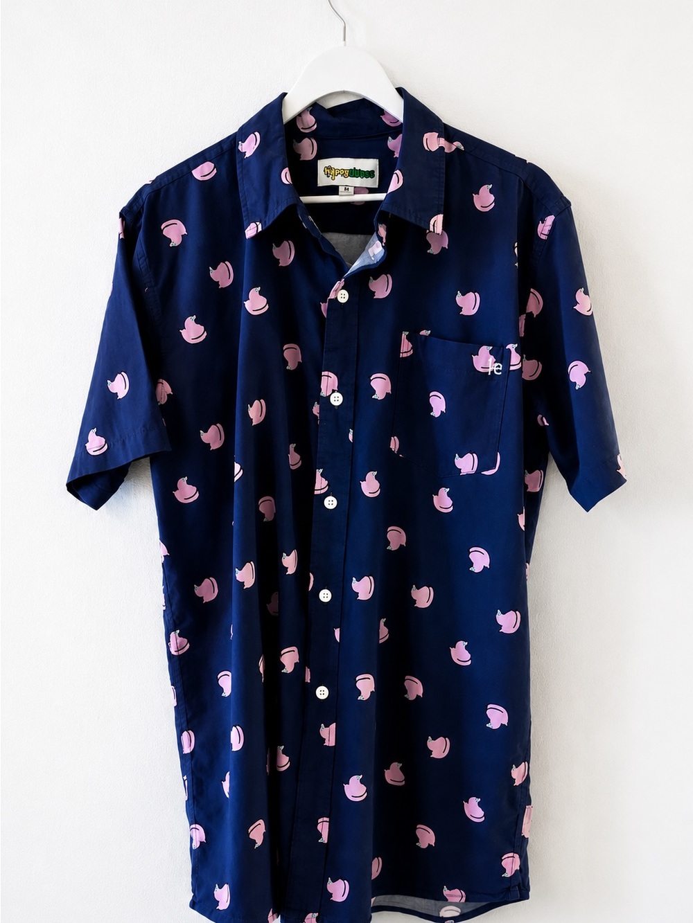 Tipsy Elves Navy Pink Peach Print Button-Up Shirt  L Fun Novel summer shirt - Picture 6 of 6